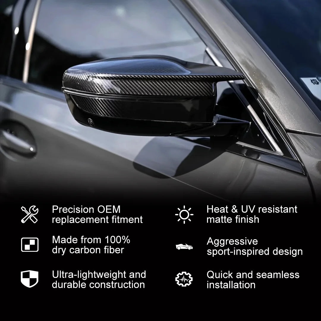 CarbonTailor™ Dry Carbon Fiber Replacement Mirror Caps for BMW G87 M2, G80 M3, G82/G83 M4, G42 M240i, G26 M440i & i4 M50
