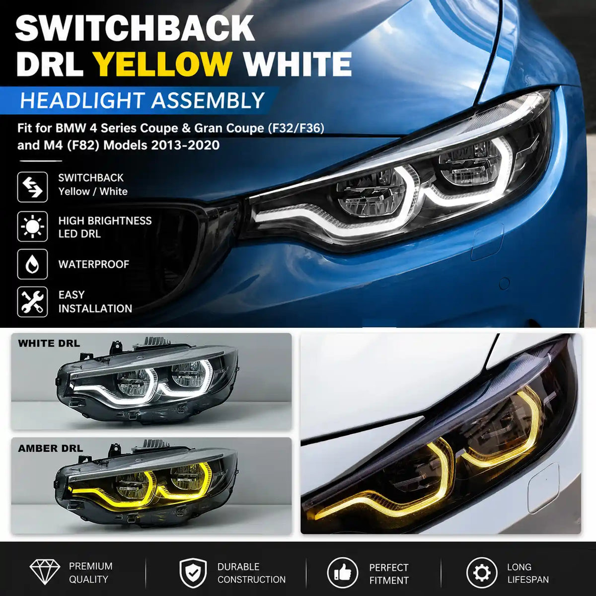LED Headlight Assembly For BMW 4 Series Coupe & Gran Coupe (F32/F36) and M4 (F82) Models 2013-2020 Switchback DRL Yellow White