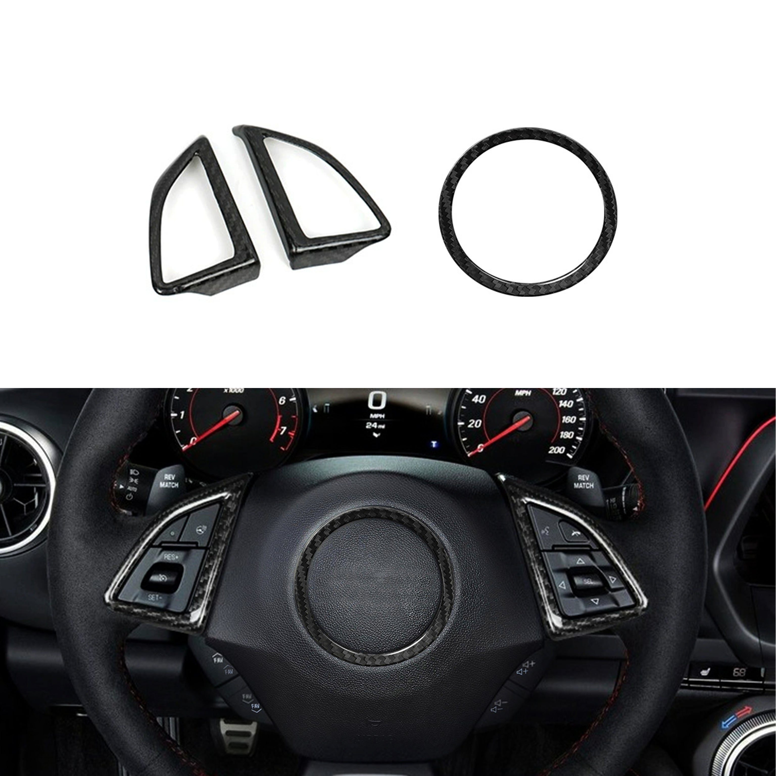 Carbon Fiber Steering Wheel &amp; Airbag Chrome Delete Covers for Camaro (2016–2024)