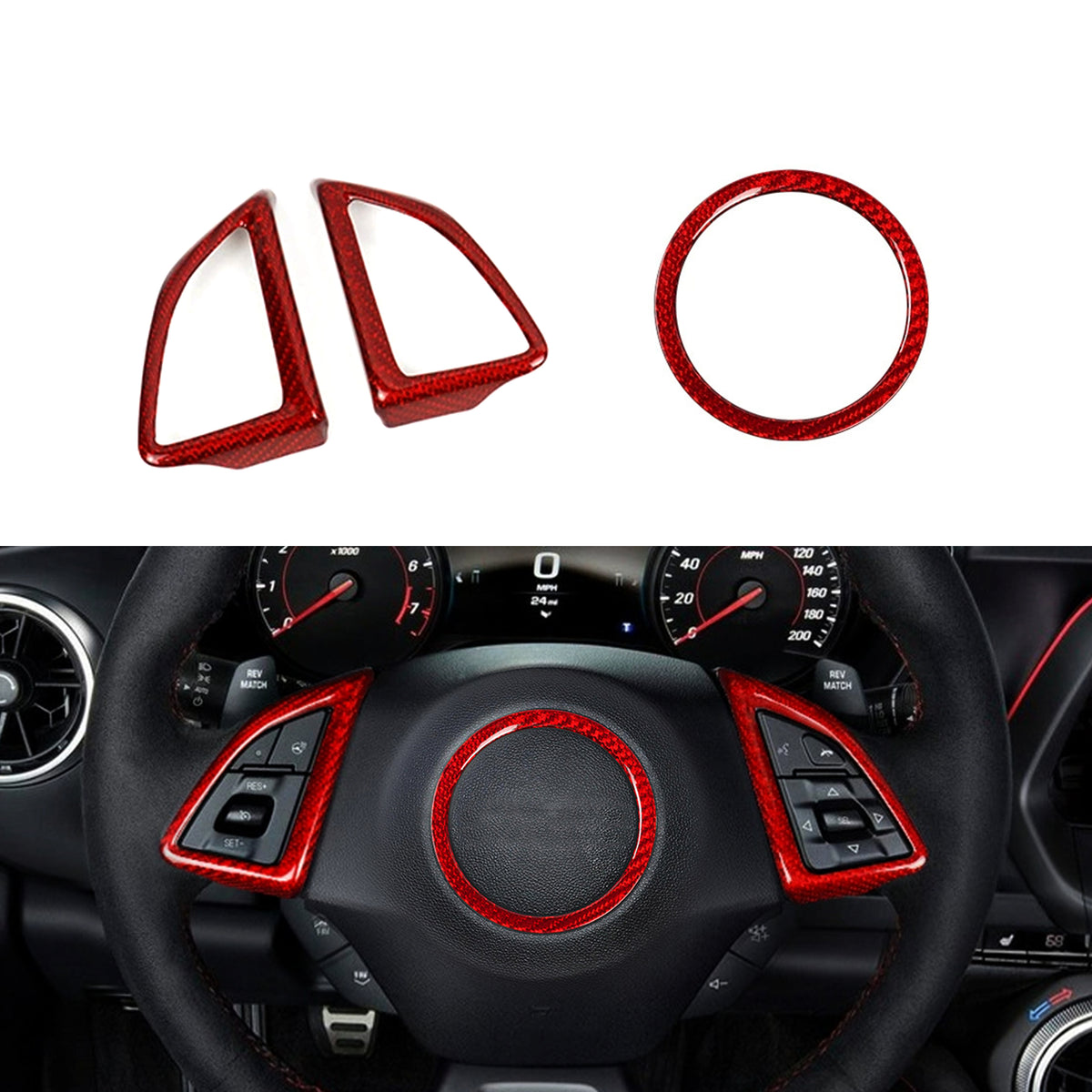 Carbon Fiber Steering Wheel &amp; Airbag Chrome Delete Covers for Camaro (2016–2024)