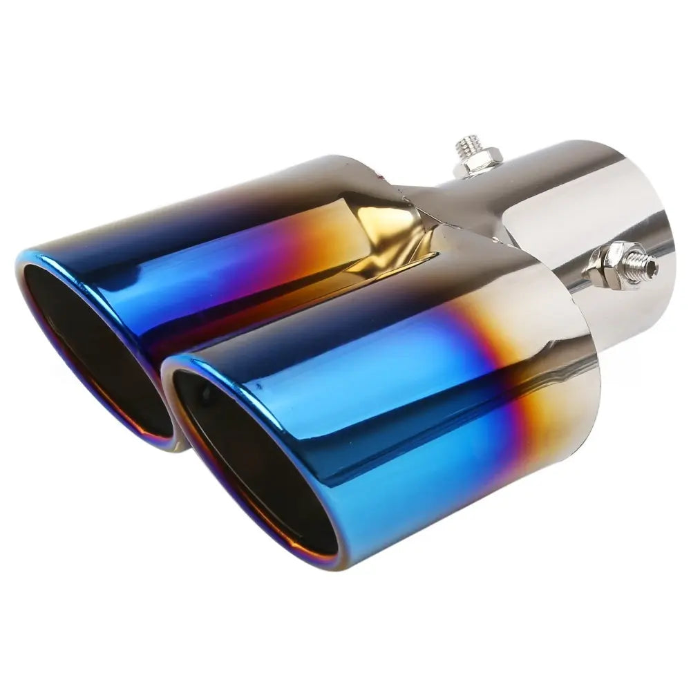 Universal 63mm Stainless Steel Dual Outlet Exhaust Tip Burnt Blue Finish Single Layer Clamp-On Car Tailpipe Upgrade