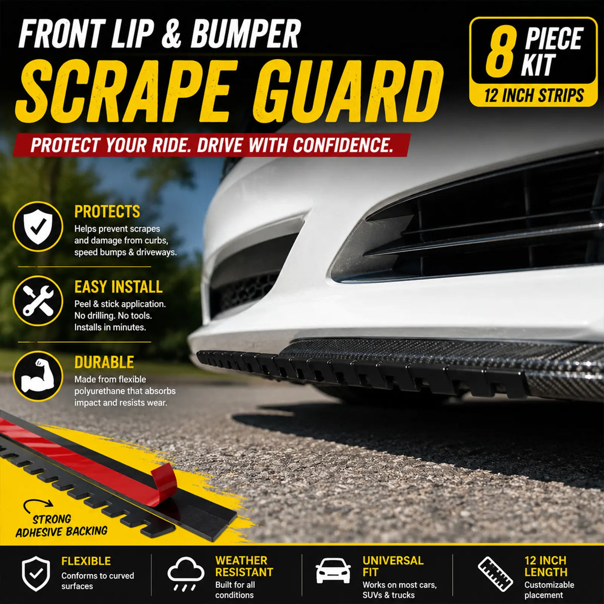 Universal Front Lip Scrape Guard Protector Strips 8pc for Bumper, Side Skirts & Splitter Protection