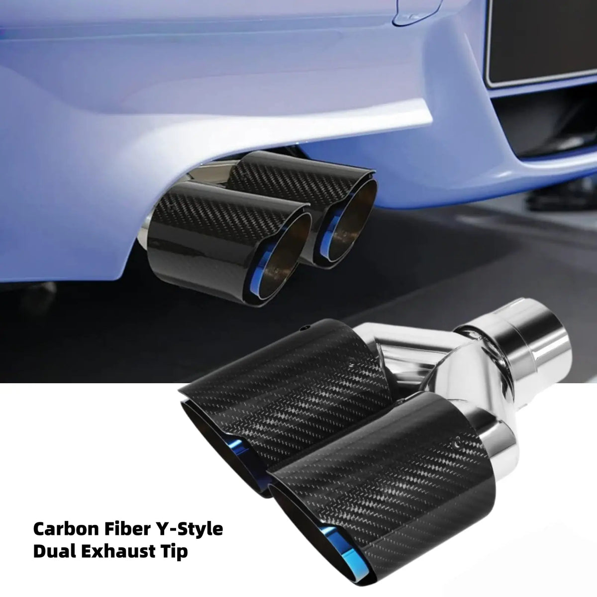 Universal Carbon Fiber Y-Type Dual Outlet Exhaust Tip Muffler 63-89mm Inlet Stainless Steel Bolt-On Performance Exhaust Trim