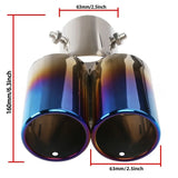Universal 63mm Stainless Steel Dual Outlet Exhaust Tip Burnt Blue Finish Single Layer Clamp-On Car Tailpipe Upgrade