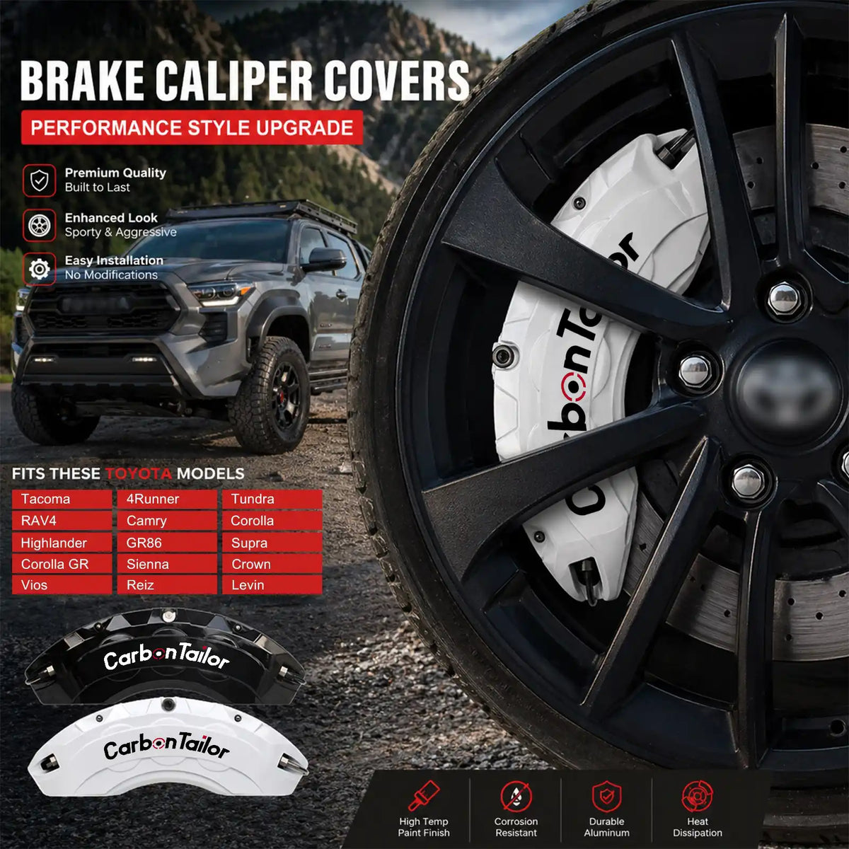 Custom Fit Caliper Covers for Toyota Models - Tacoma 4Runner Tundra RAV4 Camry– Custom Fit, No Modification, Heat Resistant
