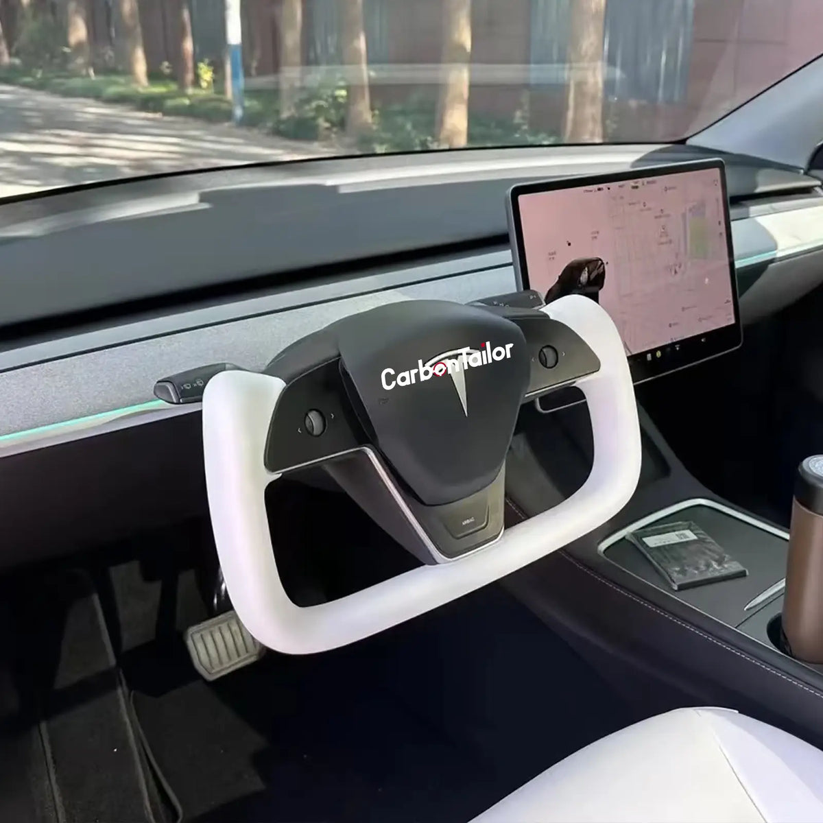 Tesla Model 3 Yoke Style Steering Wheel 2017-2023 Smooth White Leather Replacement